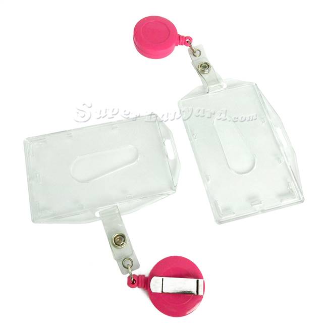 Clear durable id card holder with a hot pink retractable ID reel-DBH002R-HPK 