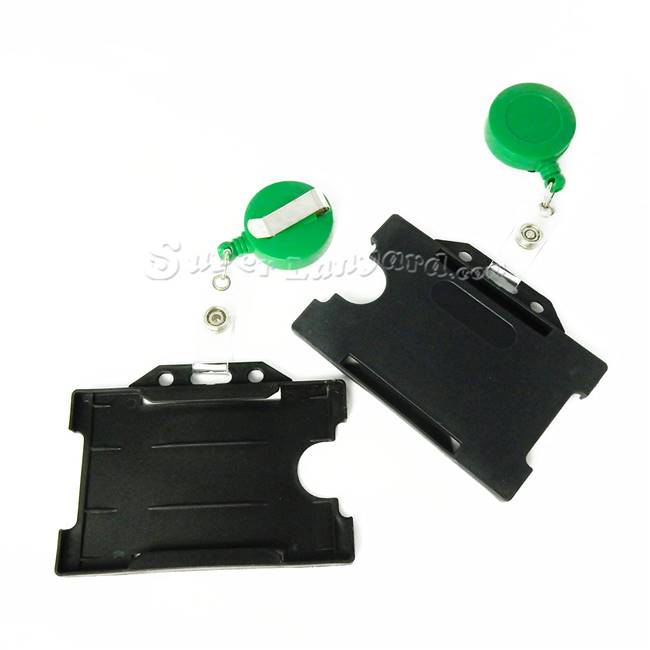  Black hard plastic badge holder with a green badge reel-DBH003R-GRN 
