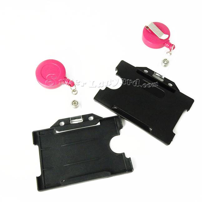  Black hard plastic badge holder with a hot pink badge reel-DBH003R-HPK 