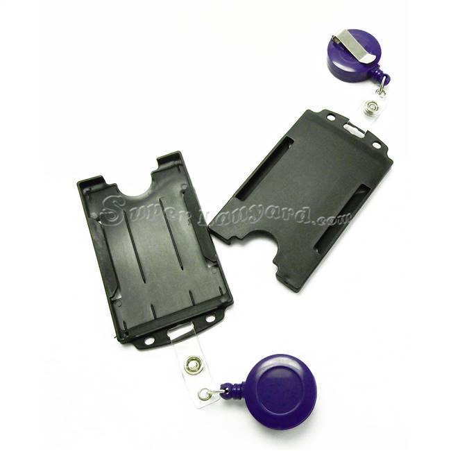  Black rigid card holder with a purple retractable ID reel-DBH004R-PRP 