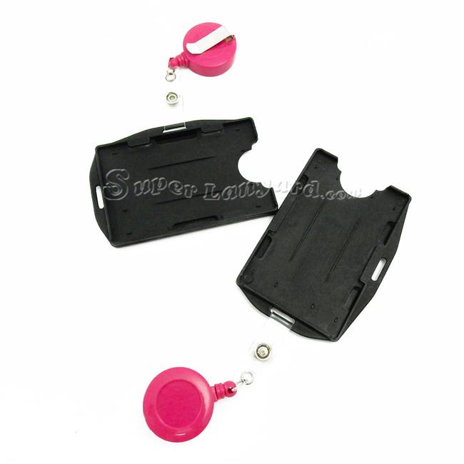  Black dual-sided rigid card holder with a hot pink ID reel-DBH005R-HPK 
