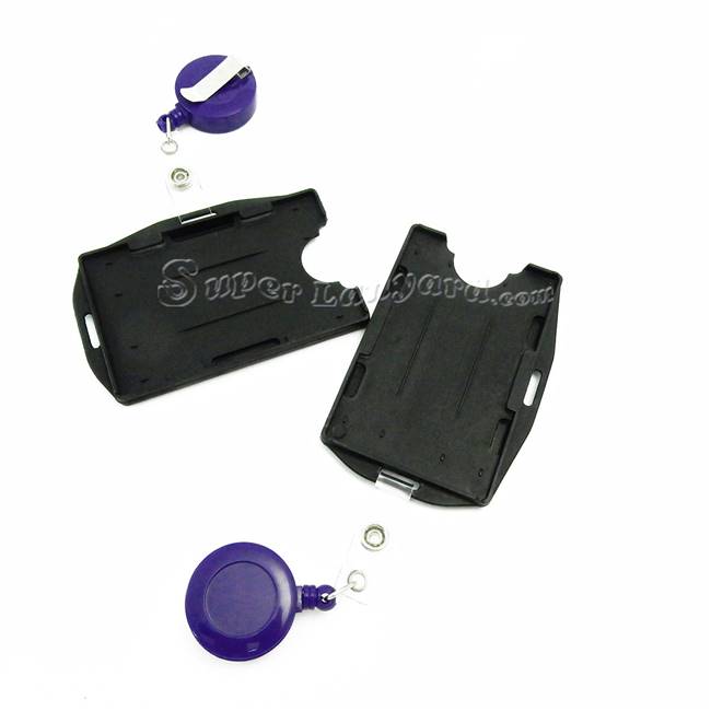  Black dual-sided rigid card holder with a purple ID reel-DBH005R-PRP 