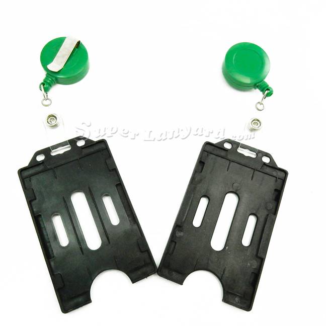  Black double sided card holder with a green ID badge reel-DBH006R-GRN 