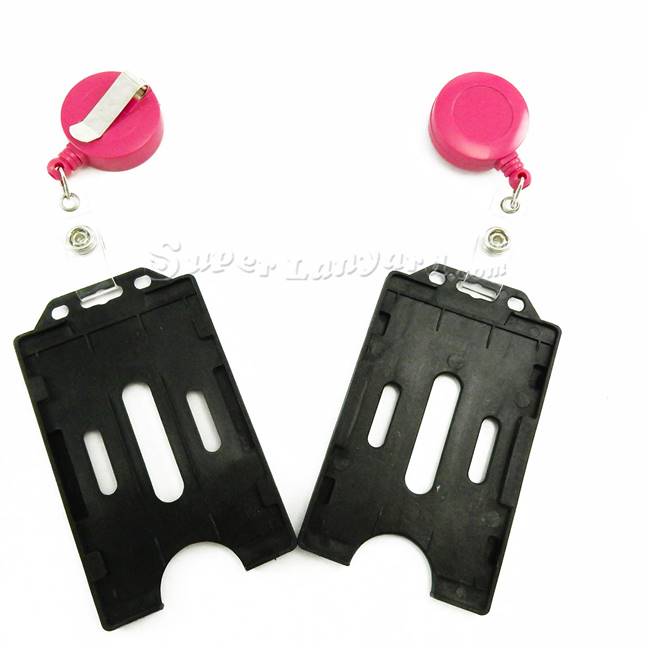 Black double sided card holder with a hot pink ID badge reel-DBH006R-HPK 