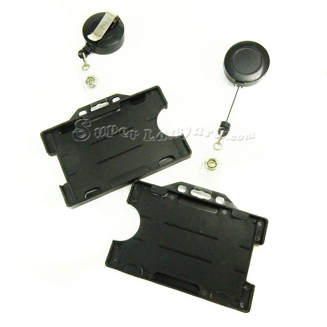  Black dual-sided card holder with a black retractable ID reel-DBH007R-BLK 
