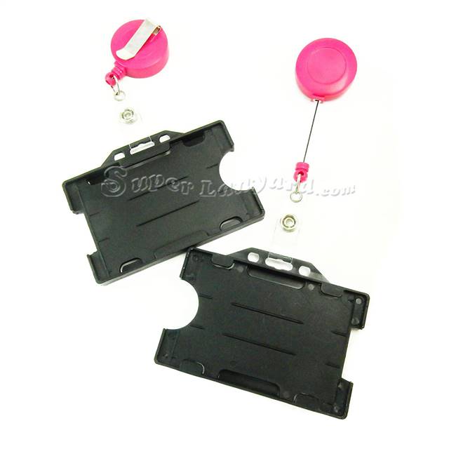  Black dual-sided card holder with a hot pink retractable ID reel-DBH007R-HPK 