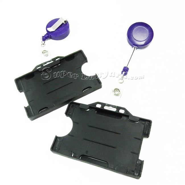  Black dual-sided card holder with a purple retractable ID reel-DBH007R-PRP 