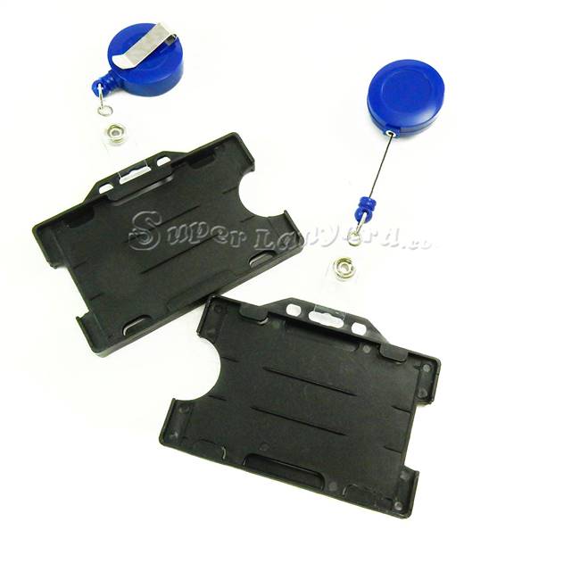 Black dual-sided card holder with a royal blue retractable ID reel-DBH007R-RBL 