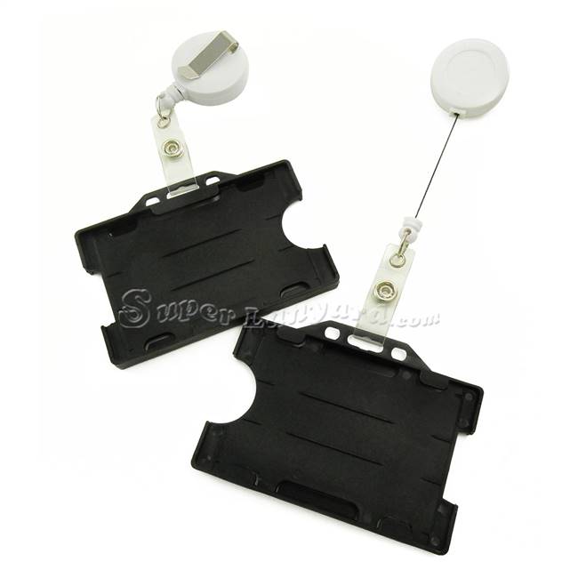  Black dual-sided card holder with a white retractable ID reel-DBH007R-WHT 