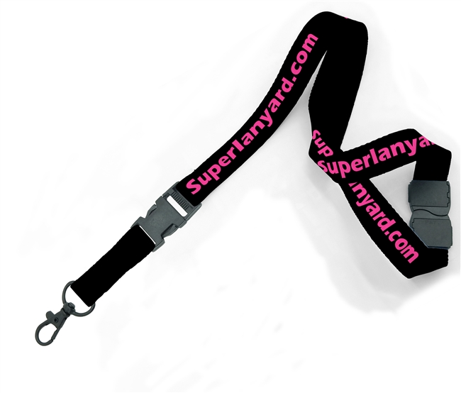  3/4 inch Custom breakaway lanyard with a black lobster clasp hook and a release buckle-custom screen printing 