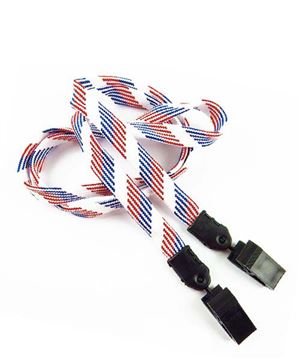  3/8 inch Patriotic pattern double clip lanyard with 2 plastic rotating clipblankLNB324NRBW
