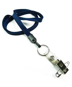  3/8 inch Navy blue plain lanyard with split ring and ID strap pin clip-blank-LNB32BNNBL 