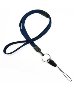  3/8 inch Navy blue breakaway lanyard attached key ring with quick release strap connector-blank-LNB32DBNBL 