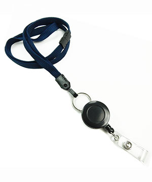  3/8 inch Navy blue breakaway lanyard attached split ring with retractable ID reel-blank-LNB32RBNBL 
