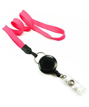 3/8 inch Hot pink badge reel lanyard attached split ring with retractable ID reel-blank-LNB32RNHPK 