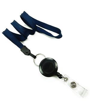  3/8 inch Navy blue badge reel lanyard attached split ring with retractable ID reel-blank-LNB32RNNBL 