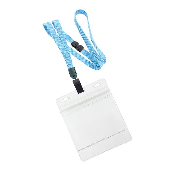  3/8 inch Babyblue breakaway lanyard with plastic clip attached clear horizontal 4 x 3 ziplock title bar badge holderplainLNB3H3BBBL 
