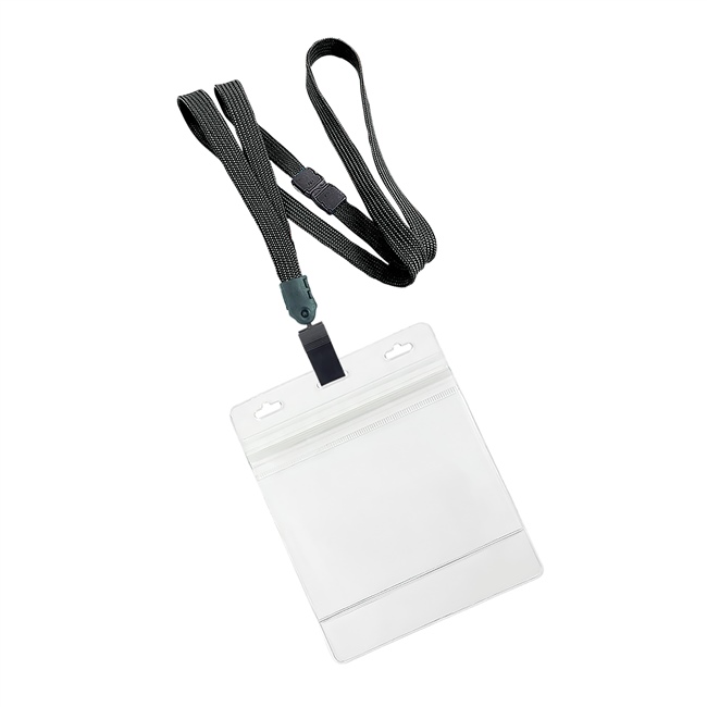  3/8 inch Black breakaway lanyard with plastic clip attached clear horizontal 4 x 3 ziplock title bar badge holderplainLNB3H3BBLK 