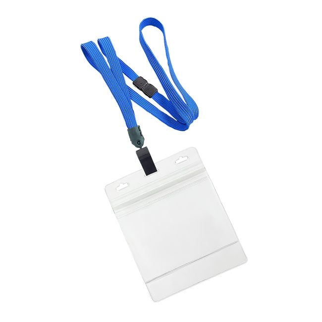  3/8 inch Blue breakaway lanyard with plastic clip attached clear horizontal 4 x 3 ziplock title bar badge holderplainLNB3H3BBLU 