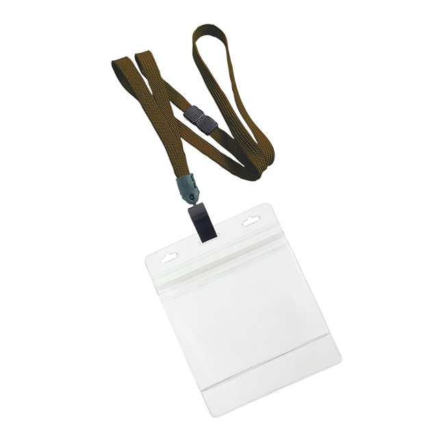  3/8 inch Brown breakaway lanyard with plastic clip attached clear horizontal 4 x 3 ziplock title bar badge holderplainLNB3H3BBRN