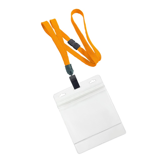  3/8 inch Carrotorange breakaway lanyard with plastic clip attached clear horizontal 4 x 3 ziplock title bar badge holderplainLNB3H3BCOG 