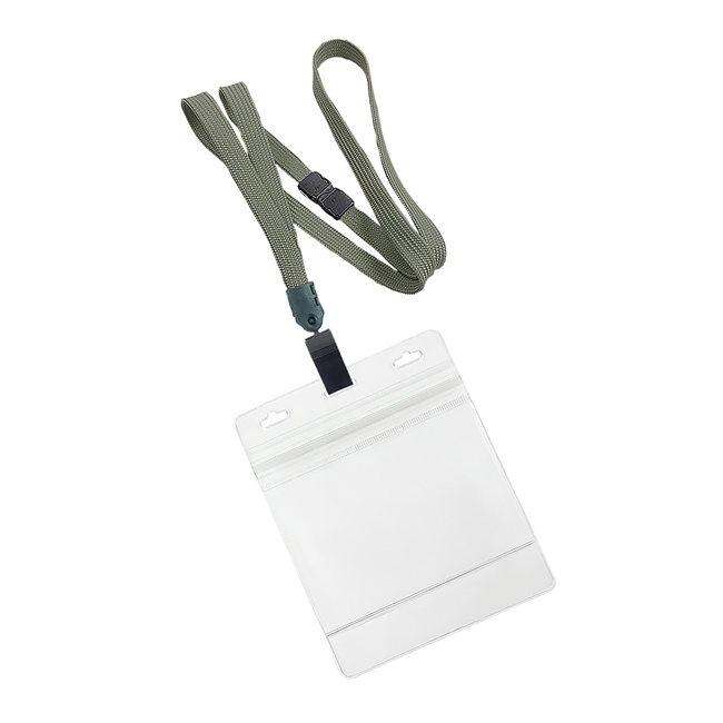  3/8 inch Darkgray breakaway lanyard with plastic clip attached clear horizontal 4 x 3 ziplock title bar badge holderplainLNB3H3BDGY 