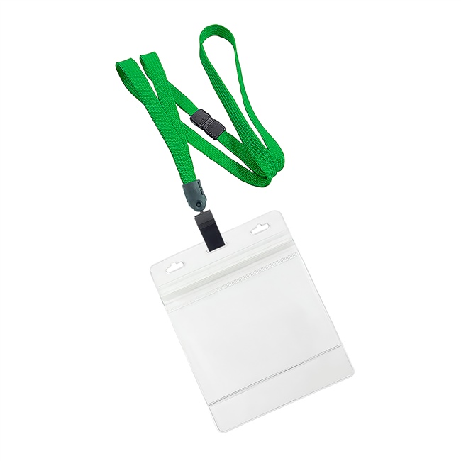  3/8 inch Green breakaway lanyard with plastic clip attached clear horizontal 4 x 3 ziplock title bar badge holderplainLNB3H3BGRN 