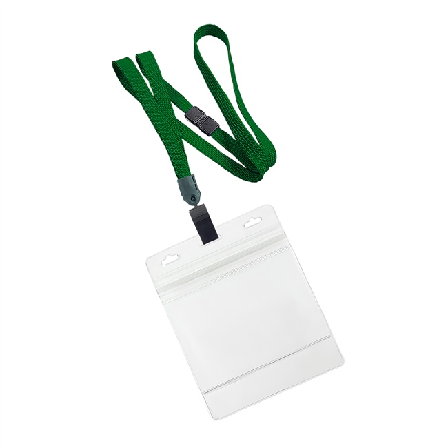  3/8 inch Huntergreen breakaway lanyard with plastic clip attached clear horizontal 4 x 3 ziplock title bar badge holderplainLNB3H3BHGN 