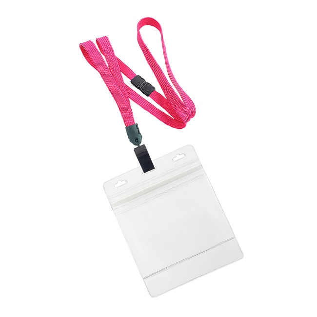  3/8 inch Hot pink breakaway lanyard with plastic clip attached clear horizontal 4 x 3 ziplock title bar badge holderplainLNB3H3BHPK 