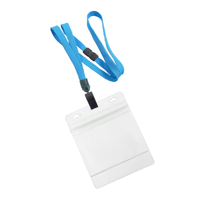  3/8 inch Lightblue breakaway lanyard with plastic clip attached clear horizontal 4 x 3 ziplock title bar badge holderplainLNB3H3BLBL