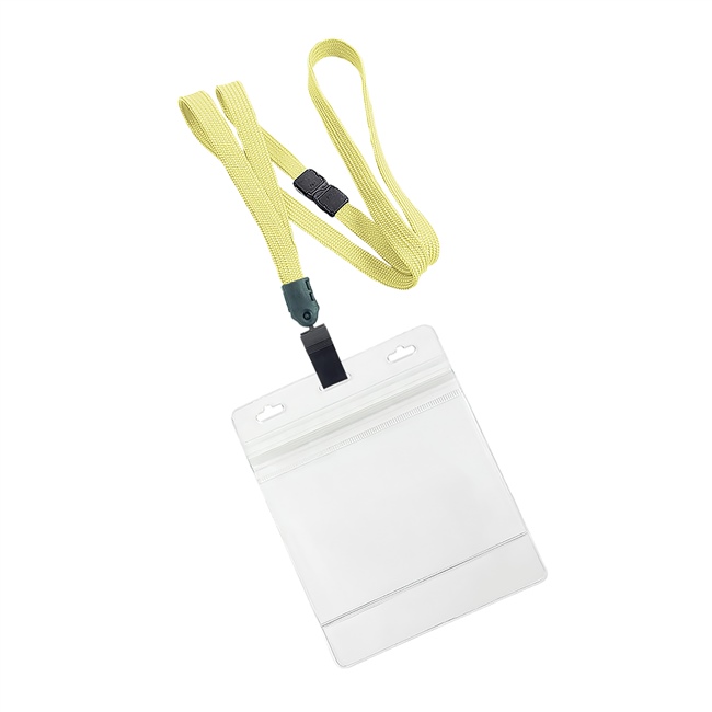  3/8 inch Lightgold breakaway lanyard with plastic clip attached clear horizontal 4 x 3 ziplock title bar badge holderplainLNB3H3BLGD 