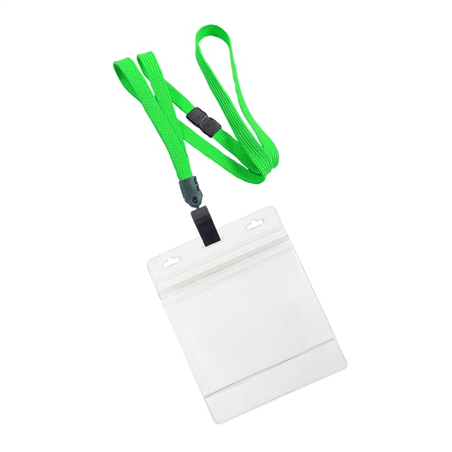  3/8 inch Lightgreen breakaway lanyard with plastic clip attached clear horizontal 4 x 3 ziplock title bar badge holderplainLNB3H3BLGN
