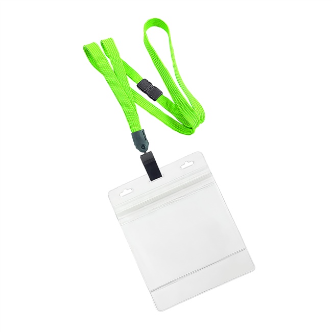  3/8 inch Limegreen breakaway lanyard with plastic clip attached clear horizontal 4 x 3 ziplock title bar badge holderplainLNB3H3BLMG 