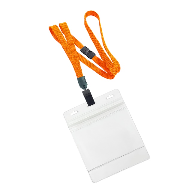  3/8 inch Neonorange breakaway lanyard with plastic clip attached clear horizontal 4 x 3 ziplock title bar badge holderplainLNB3H3BNOG 