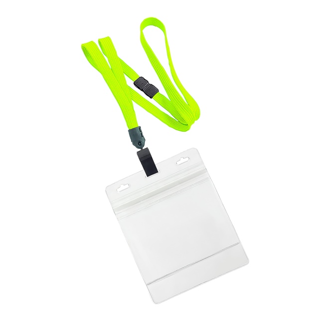  3/8 inch Neonyellow breakaway lanyard with plastic clip attached clear horizontal 4 x 3 ziplock title bar badge holderplainLNB3H3BNYW