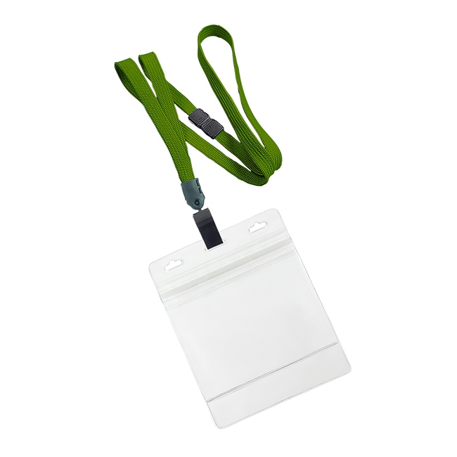  3/8 inch Olive breakaway lanyard with plastic clip attached clear horizontal 4 x 3 ziplock title bar badge holderplainLNB3H3BOLV