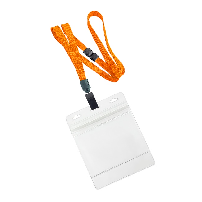  3/8 inch Orange breakaway lanyard with plastic clip attached clear horizontal 4 x 3 ziplock title bar badge holderplainLNB3H3BORG 