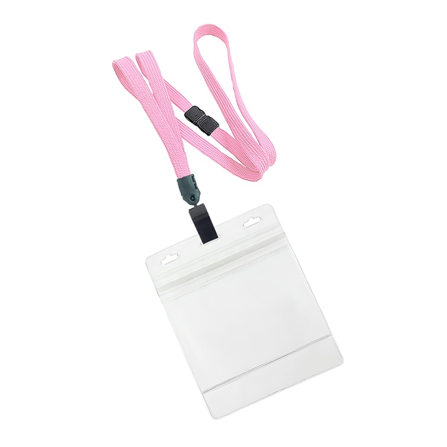  3/8 inch Pink breakaway lanyard with plastic clip attached clear horizontal 4 x 3 ziplock title bar badge holderplainLNB3H3BPNK 