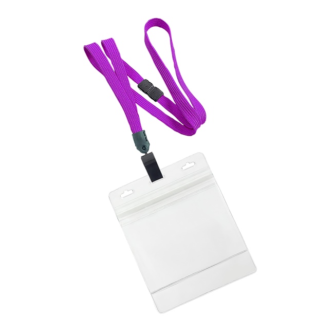  3/8 inch Purple breakaway lanyard with plastic clip attached clear horizontal 4 x 3 ziplock title bar badge holderplainLNB3H3BPRP 
