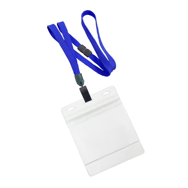  3/8 inch Royalblue breakaway lanyard with plastic clip attached clear horizontal 4 x 3 ziplock title bar badge holderplainLNB3H3BRBL 