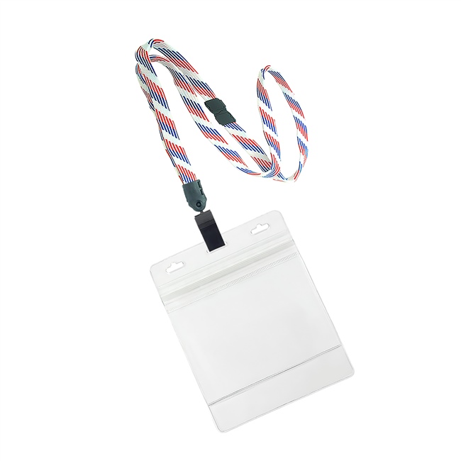  3/8 inch Patrioticpattern breakaway lanyard with plastic clip attached clear horizontal 4 x 3 ziplock title bar badge holderplainLNB3H3BRBW 