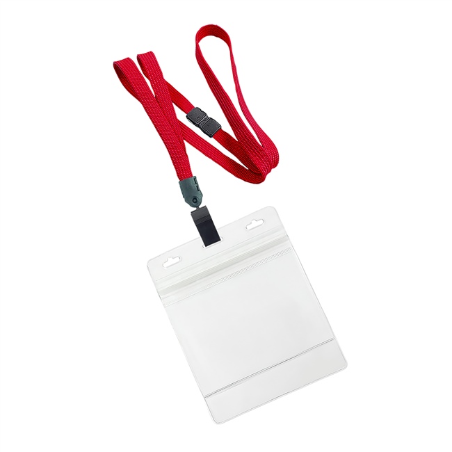  3/8 inch Red breakaway lanyard with plastic clip attached clear horizontal 4 x 3 ziplock title bar badge holderplainLNB3H3BRED 