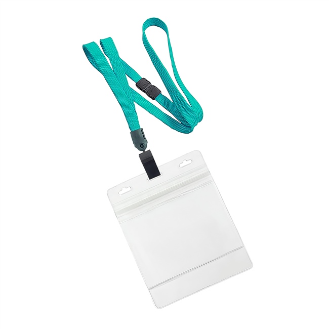  3/8 inch Teal breakaway lanyard with plastic clip attached clear horizontal 4 x 3 ziplock title bar badge holderplainLNB3H3BTAL