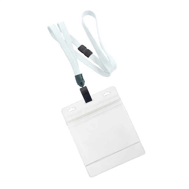  3/8 inch White breakaway lanyard with plastic clip attached clear horizontal 4 x 3 ziplock title bar badge holderplainLNB3H3BWHT 