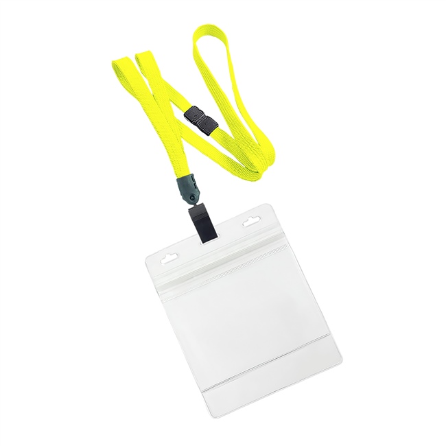  3/8 inch Yellow breakaway lanyard with plastic clip attached clear horizontal 4 x 3 ziplock title bar badge holderplainLNB3H3BYLW 