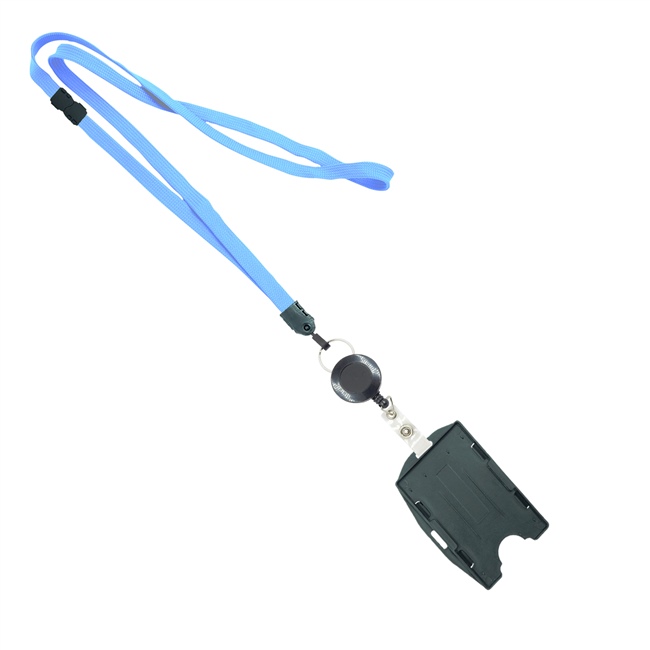  3/8 inch Baby blue  breakaway lanyard attached split ring with ID badge reel with horizontal/vertical double-sided ID card holder-blank-LNB3RBBBBL 