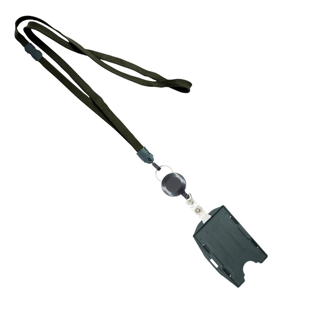  3/8 inch Black  breakaway lanyard attached split ring with ID badge reel with horizontal/vertical double-sided ID card holder-blank-LNB3RBBBLK 