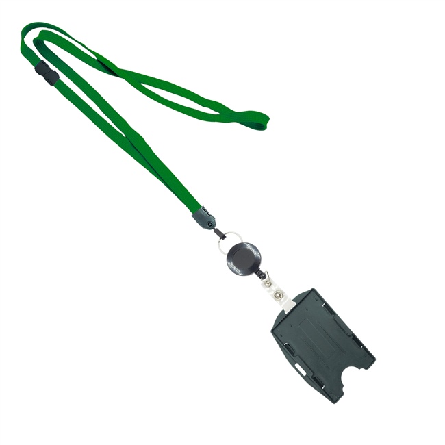  3/8 inch Green  breakaway lanyard attached split ring with ID badge reel with horizontal/vertical double-sided ID card holder-blank-LNB3RBBGRN 