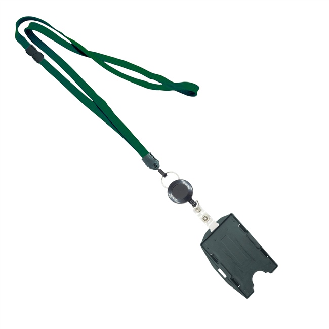  3/8 inch Hunter green  breakaway lanyard attached split ring with ID badge reel with horizontal/vertical double-sided ID card holder-blank-LNB3RBBHGN 