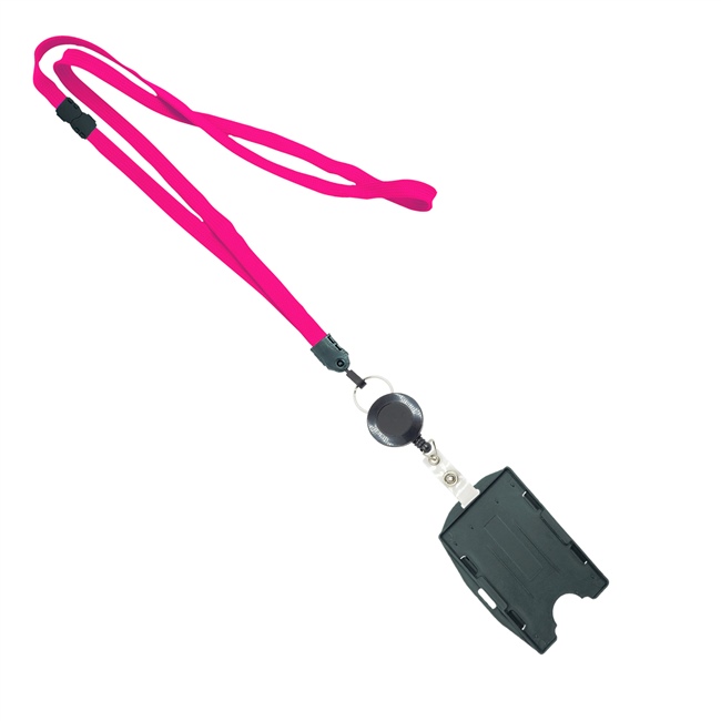  3/8 inch Hot pink  breakaway lanyard attached split ring with ID badge reel with horizontal/vertical double-sided ID card holder-blank-LNB3RBBHPK 